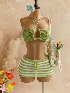 Women’s 2-Piece Knit Skirt Set – Halter Tie Backless Top & Drawstring Mini Skirt, Sexy Vacation Outfit