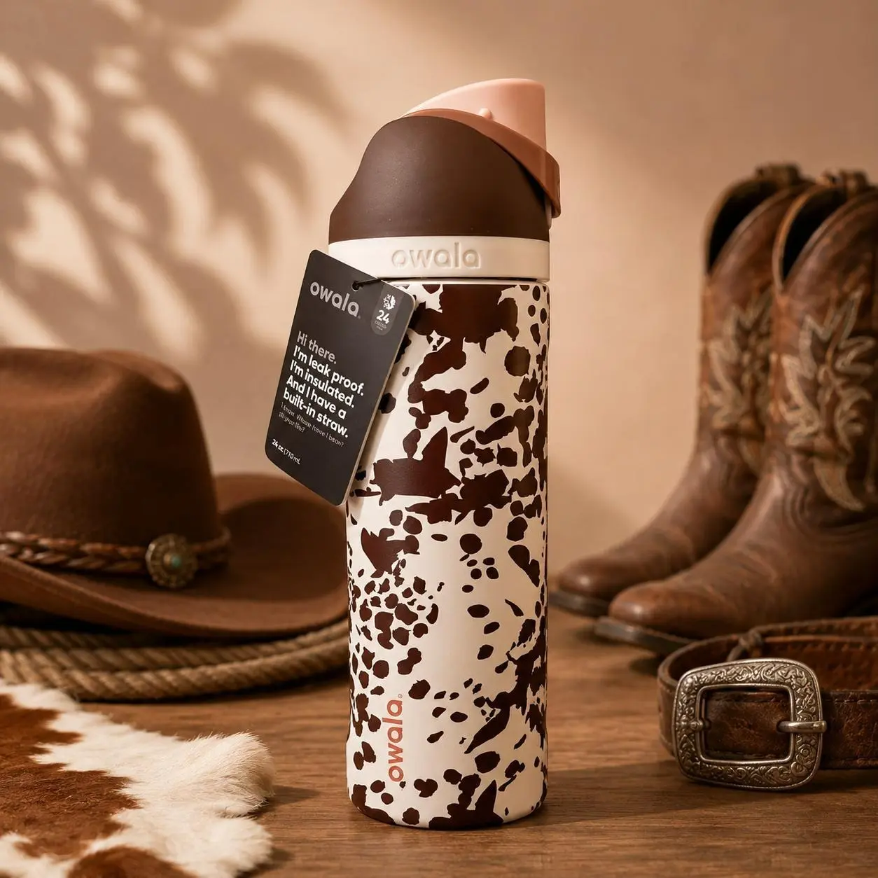 Owala Cowgirl Core Style Cow Print 24oz Bottle – Stainless Steel Leakproof Sports Water Flask