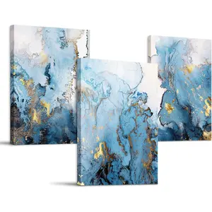 Blue Abstract Canvas Wall Art for Living Room, Navy and Gold Fluid Marble Wall Decor for Bedroom, Bathroom, Office, Home Decor, Set of 3 Print Painting, 12"X16",2D Flat