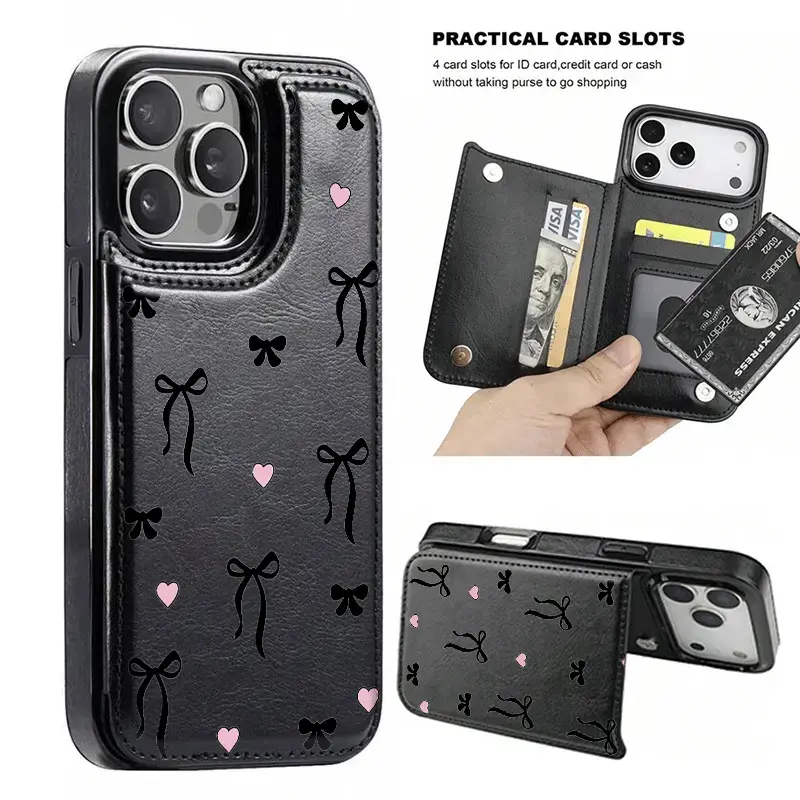 Simple and stylish pink heart-shaped bow-themed anti-drop leather card holder phone case,for iPhone 17 Pro Max Phone Case 17 Air 16 15 Plus 14 13 12 Plus