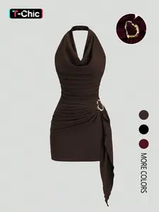 Women's Fashion Solid Color Halter Neck Sleeveless Dress, Casual Fashionable Dress, Casual Chic Minimalist Office Wear, Elegant Backless Slim Design, Perfect for Daily Use, Stylish and Comfortable