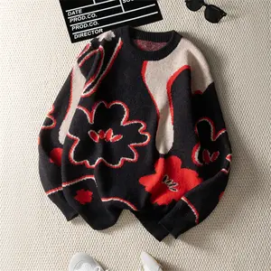 American Style Loose Fit Fashion Skin-Friendly Street Vintage Personalized Breathable Simple Color Block Floral Jacquard Pullover Long Sleeve Crew Neck Men's Polyester Fiber Sweater