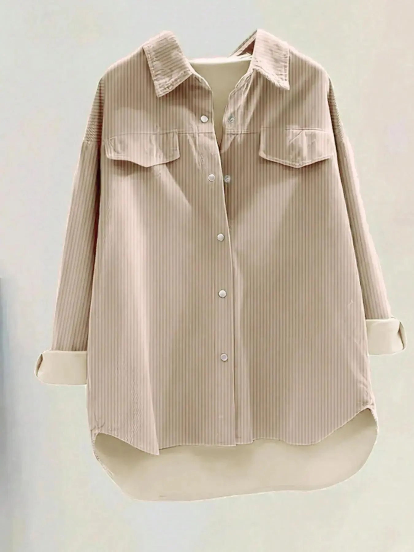 Women's fine-striped lapel long-sleeve button down shirt, minimalist office style with casual retro vibes.The ultimate layering essential!Perfect for work commutes, daily outings and light social occasions. Top