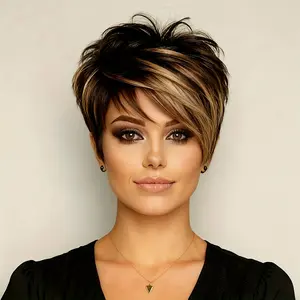 Women's Brazilian Remy Human Hair Wig - Short Pixie Cut with Ombre Color (1B/27 #   & 1B/99J), Rose Net, Machine-Made Straight Hair Wig Suitable  Daily Wear, Parties & Volume - Full Density, Look & Comfortable Wear reverse  ombre  wig  topper samples