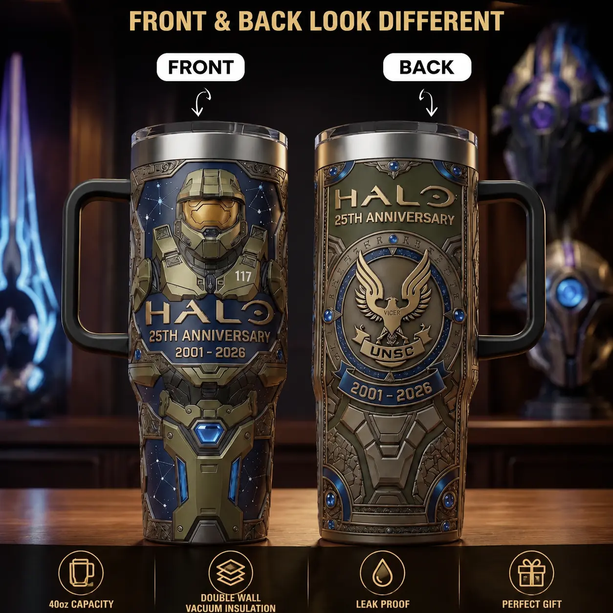 HALO 25th Anniversary 2D Flat Black Handle 40oz, Legends Never Die, Halo merch unique cup - scs18719