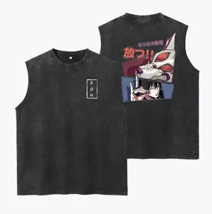 Japanese Anime Chainsaw Man Kon Washed Tank Tops, Gym Essential, Vintage Casual Crewneck Sleeveless Menswear T-shirts Classic Cotton Fabric Streetwear