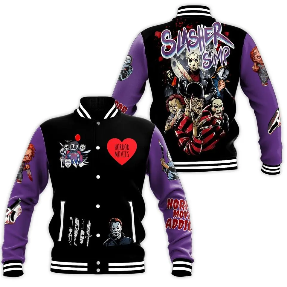 Horror Movies Slasher New Baseball Jacket For Fan, Sport Style Baseball Jacket, Varsity Casual Coat, Trendy Streetwear
