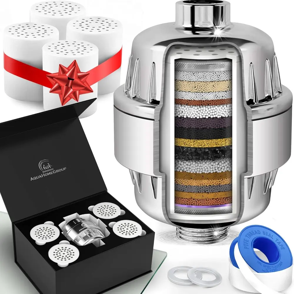 Brushed Nickel 20-Stage Filtered Shower Head with 5 Replacement Cartridges, Chlorine & Fluoride Remover, Chemical Reduction, Vitamin C/E/A Infusion for Glowing Skin & Hair