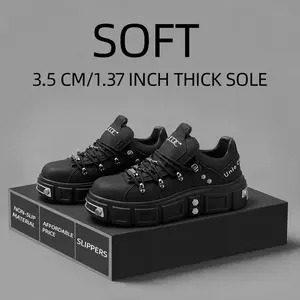 Men’s Chunky Platform Round-Toe Casual Trainers - Black Lace-Up Sneaker, Thick Sole Training Sports Shoes with Metal Detail for Running, Walking Streetwear