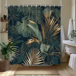 Tropical Jungle Shower Curtain Featuring Large Vibrant Green Leaves with Monstera and Palm Designs Accented with Golden Metallic Details on A Dark Green Backdrop