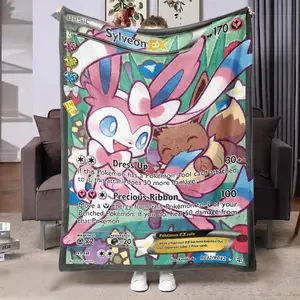Pokémon Game Card Sylveon Print Portable Blanket, Warm Soft Comfortable Throw for Home Travel Car Use, Ideal Gift for Pokémon Fans