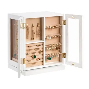 VEVOR MDF Jewelry Box - 360-Degree Rotating Organizer with 5 Drawers, Acrylic Window, 4 Necklace Hooks per Side, Compartments, Metal Handles, Bottom Pad, Soft Velvet Lining, Adjustable, White, Gift for Mother's Day, Compartment