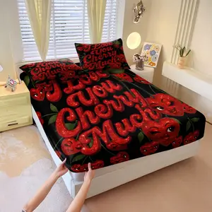 3Pcs Retro Y2k Spicy Girl Themed Fitted Sheet Set, Decorative Bedsheet Sets, Playful Personification Cherry Print Bedding Set, Made of Ultra-Fine Fiber Fabric, Creating A Bedroom with A Passionate Adventure Atmosphere
