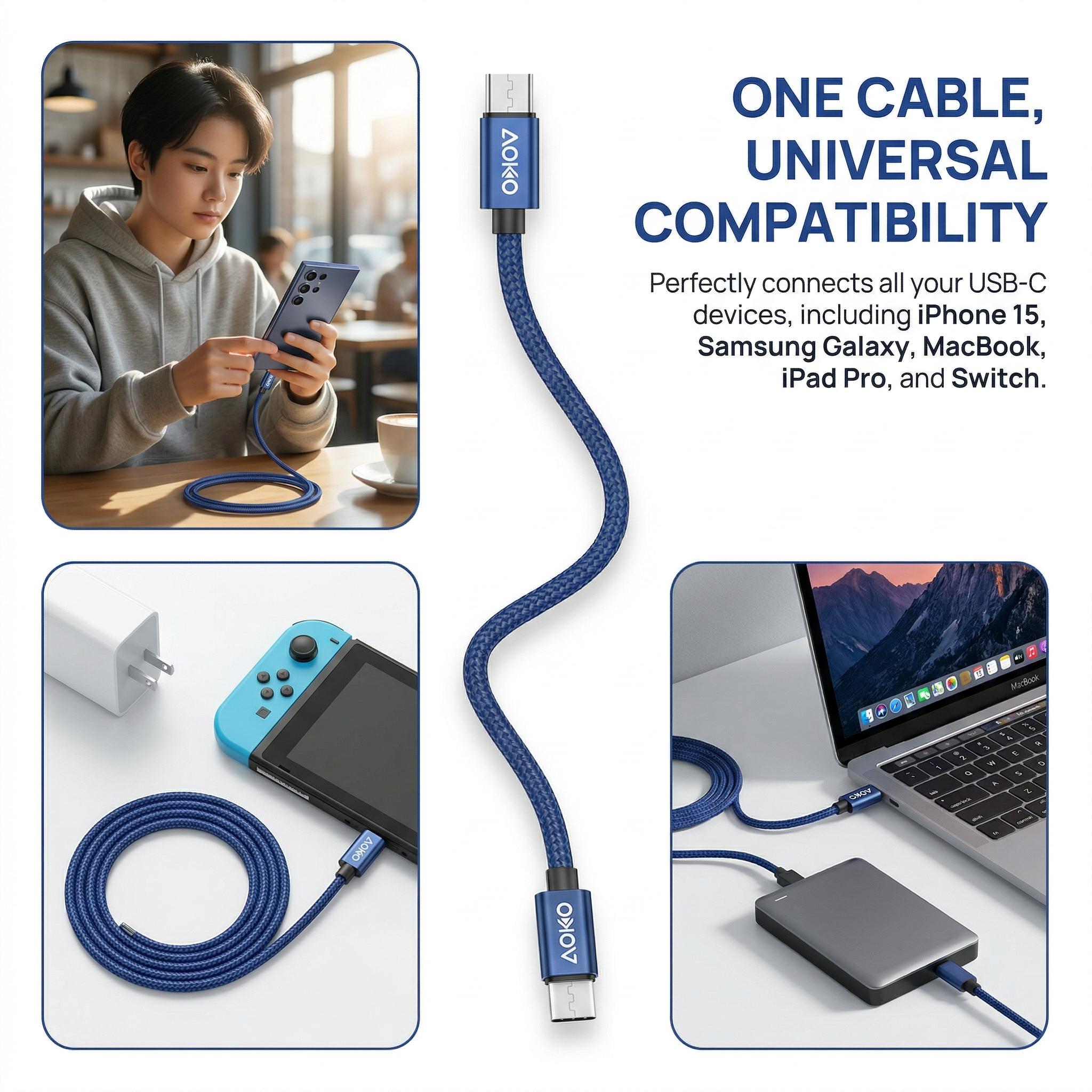 60W Fast Charging USB‑C Cable, Heavy-Duty Nylon Braided, Anti-Tangle, Super Durable & Bend-Resistant Type‑C Cord for iPhone 17/16/15, Samsung Galaxy, Pixel, iPad Pro