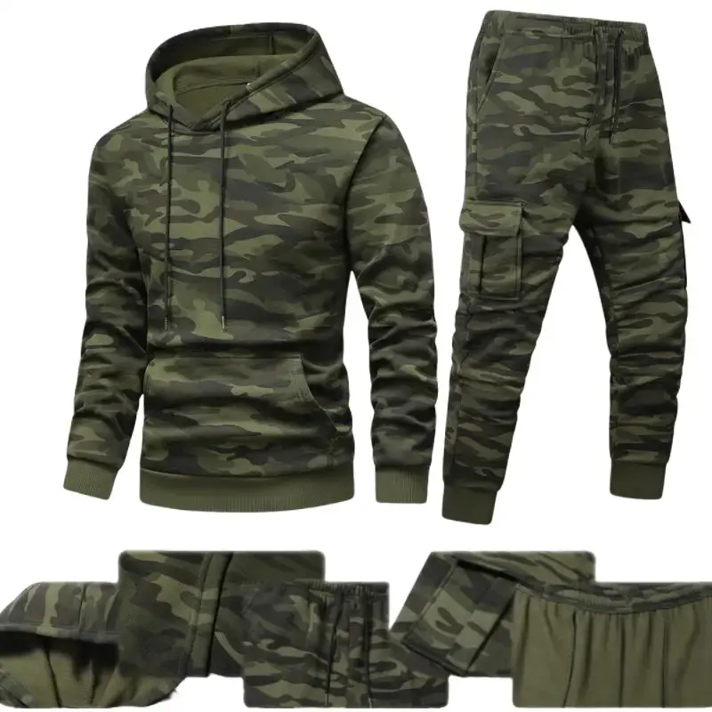 Men’s camouflage hooded sweatshirt and cargo pants two-piece set, made from thick, skin-friendly fabric. Hooded top and cargo pants with an elastic drawstring waist and cuffs; suitable for everyday outings, sports, and casual wear across multiple occasion