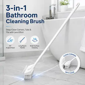 Hard Plastic Bathroom Floor Brush with Long Handle, Cleaning Wand Squeegees, Crevice Cleaning Squeegees for Tile and Toilet Durable Extended-Reach Scrubbing Tool (White)