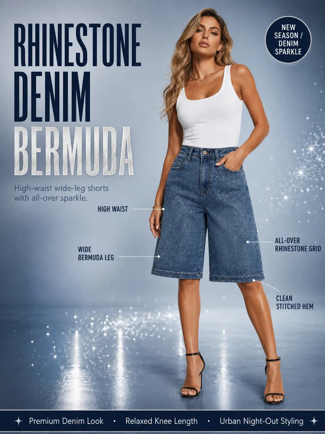 Women's High-Waist High-Stretch Full Rhinestones Wide Leg Bermudas - Elastane Cotton Denim Sparkle Diamond-Embossed Elegant Streetwear Shorts, Fashion, Grid, Style, Comfortable, Everyday, Bottom, Elegance