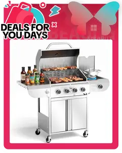 4-Burner Propane Gas Grill with Side Burner, Stainless Steel 42,000 BTU BBQ Grill, Cast iron Griddle & Enamel Grates, Barbecue Grill for Outdoor Cooking, Backyard, Patio, Deck Camping summerwins,summerwins,father'sdaygifts,campingessentials,campinggear