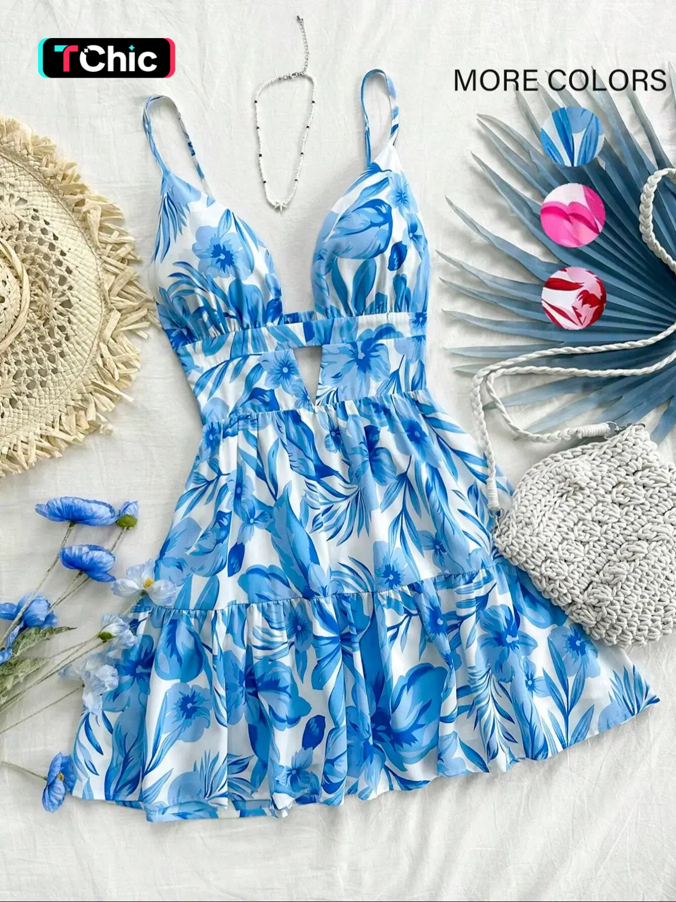 Women's All Over Print Backless Cami Dress, Summer Chic Fitted Spaghetti Strap Sleeveless Short Dress for Beach Holiday Vacation, Ladies Summer Tropic