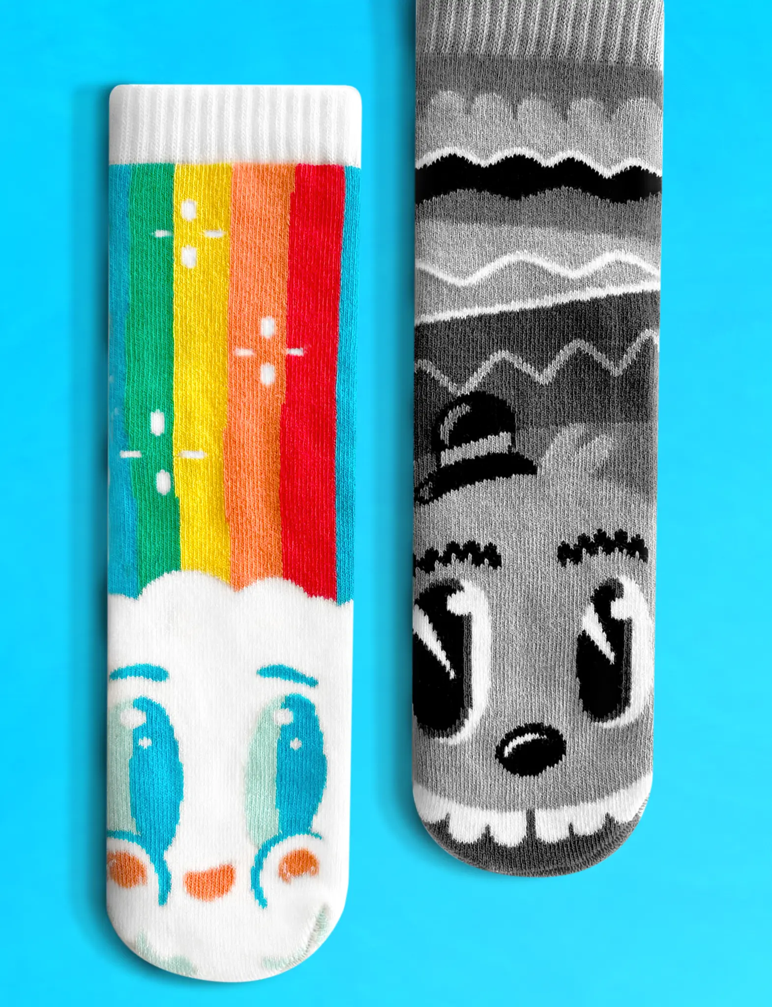 PALS Nate Bear Rainbowface & Mr. Gray Mismatched Socks Unisex Crew-length Tube Socks for Adults 76% Cotton 13% Polyester 9% Nylon 2% Spandex OEKO-TEX® Certified