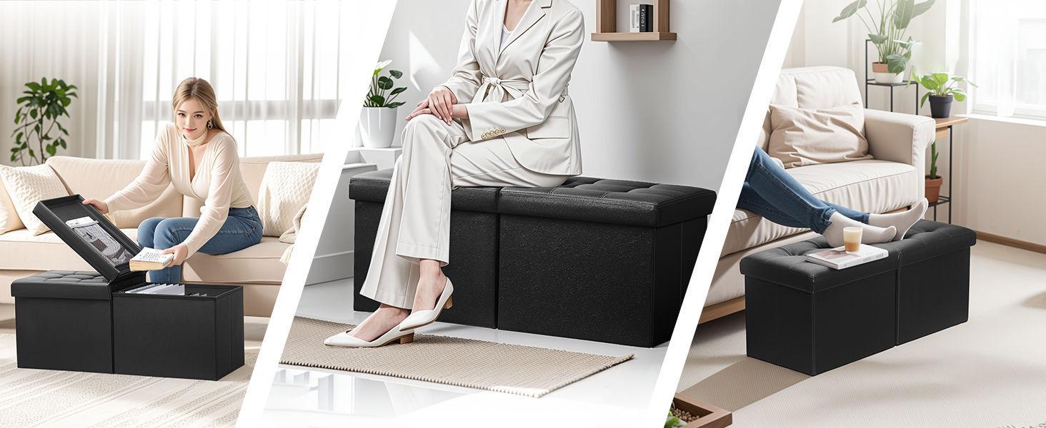 AmasSmile Footrest Ottoman Storage Bench,34" Leather Folding Chest,Black | Large Ottoman with Storage,Thicker Foam Padded Seat,Livingroom,Dorm,Bedroom,Entryway,Easy to install,34 x 13 x 13in