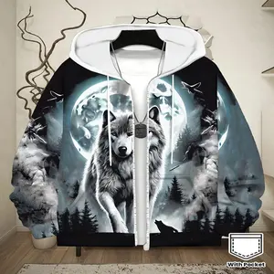 Men's Full-Zip Hooded Sweatshirt with Wolf King Graphic Print - Black & White Wolf Pack Moon Scene Design, Adjustable Drawstring Hood, Front Pockets, Machine Washable Casual Outdoor Jacket for Spring/Fall, Spring Fall Clothing | Moonlit Nig