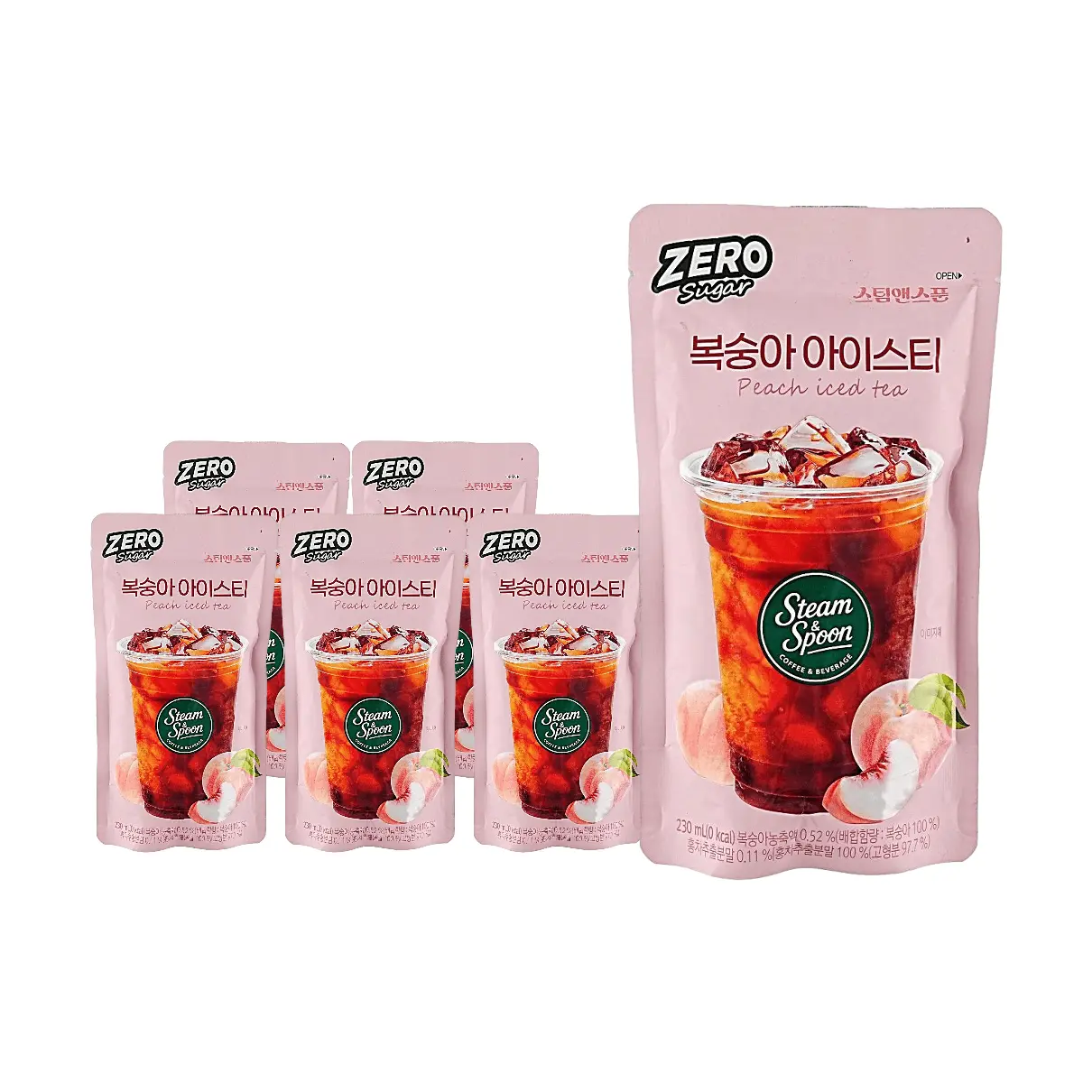 Steam & Spoon Sugar-Free Peach Juice Drink 6 Pack - Refreshing Korean Non-Calorie Fruit Beverage 230ml