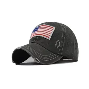 USA Flag Embroidered Distressed Denim Baseball Style Cap - Gray