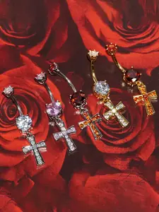 Summer Fashion Unique Design Artificial Zircon Cross Pendant Navel Ring, Fashion Sweet Style Stainless Steel Belly Button Piercing Jewelry, Sparkling Zircon Inlay