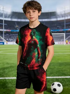 Kids 2 Piece Outfits Black Background Cristiano Ronaldo Portugal Jersey 7 Captain Armband Red Green Smoke Print Boys Summer Short Sleeve T Shirt + Shorts Sporty Set Casual Football Soccer Theme Breathable Casual Clothes for School Daily