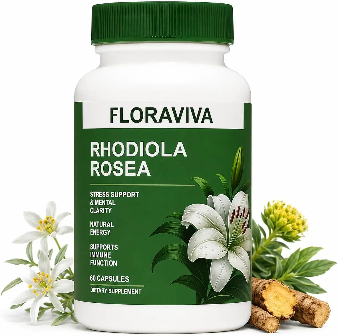 Floraviva Rhodiola Rosea Adaptogen Herbal Supplements, Natural Non-GMO Daily Wellness Capsules for Stress Support, Sustained Energy, Mental Focus & Cognitive Performance