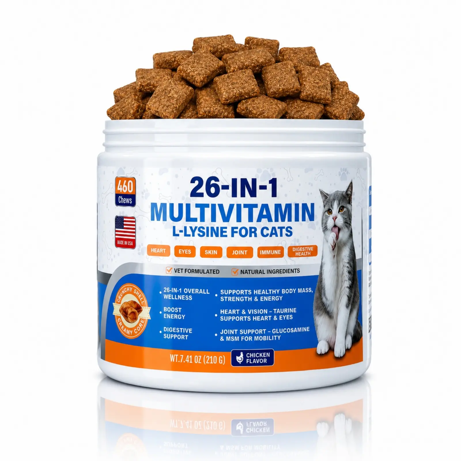 Cat Multivitamin Chews 26-in-1 Lysine & Taurine for Cats with Turmeric MSM Glucosamine, Omega Support Immune, Skin, Joint, Heart,Eyes, Cat Vitamis and Supplements for All Ages & Breeds