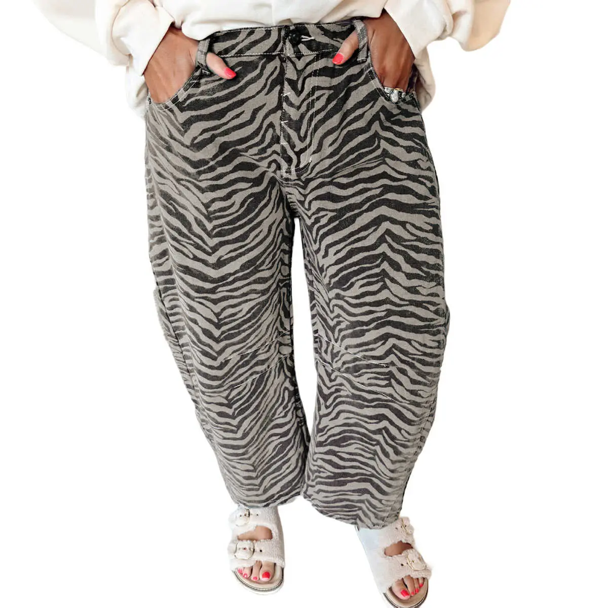Women's Gray Zebra Stripe Printed Wide-Leg Barrel Jeans