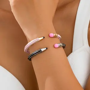 Pencil Eraser Bracelet, Enamel Open Cuff, Creative Jewelry for Women, Unique Teacher Gift, Retro School Supplies Accessory, Adjustable Bracelet