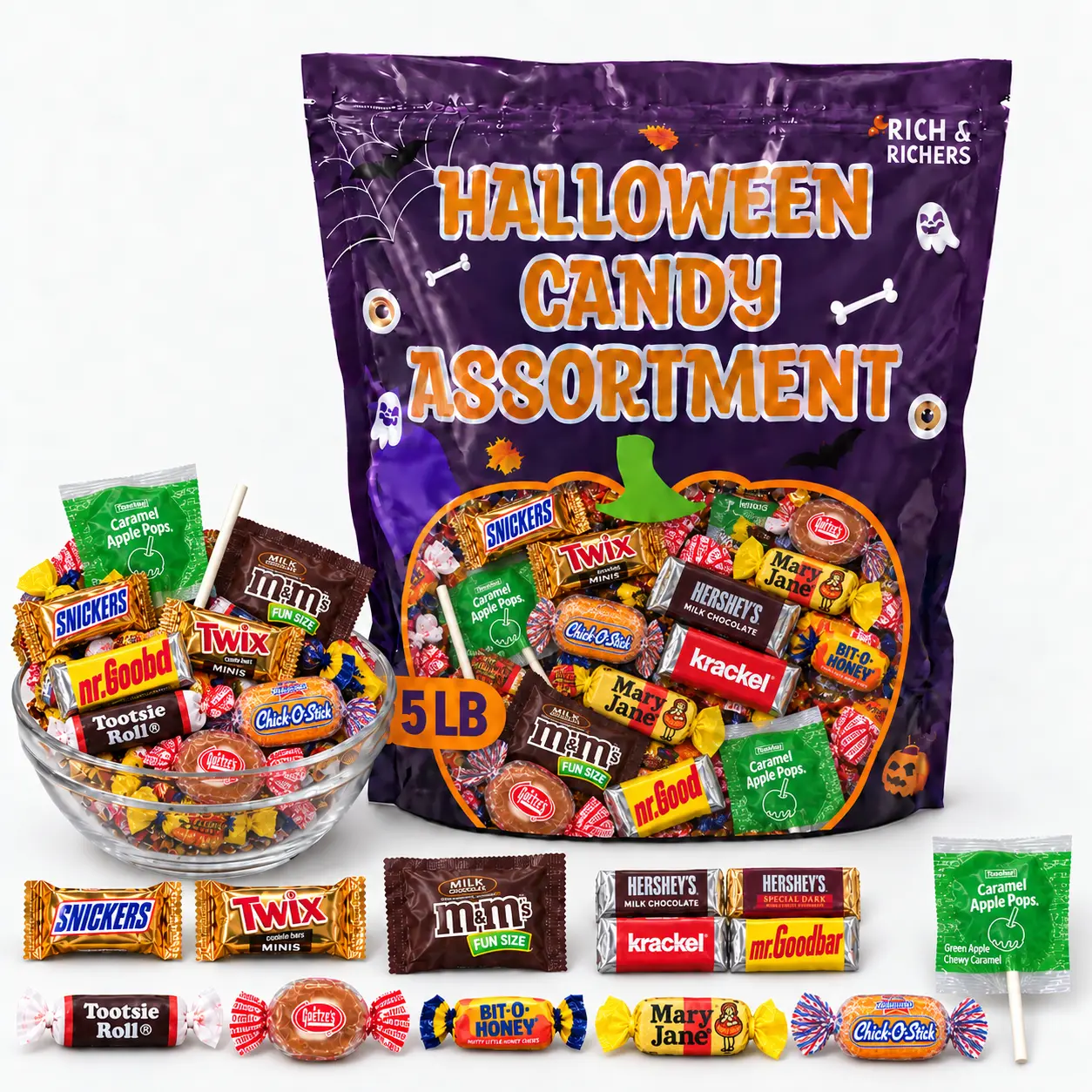 Rich & Richers Halloween Candy Trick-or-Treat Assortment 5LB 10-in-1 Spooky Season Mega-Mix | Snickers Mini, Twix Mini, M&M's Milk Chocolate, Hershey's Assorted, Tootsie Rolls, Mary Jane, Chick-O-Stick, Bit-O-Honey, Goetze's & Tootsie Caramel Apple Pops