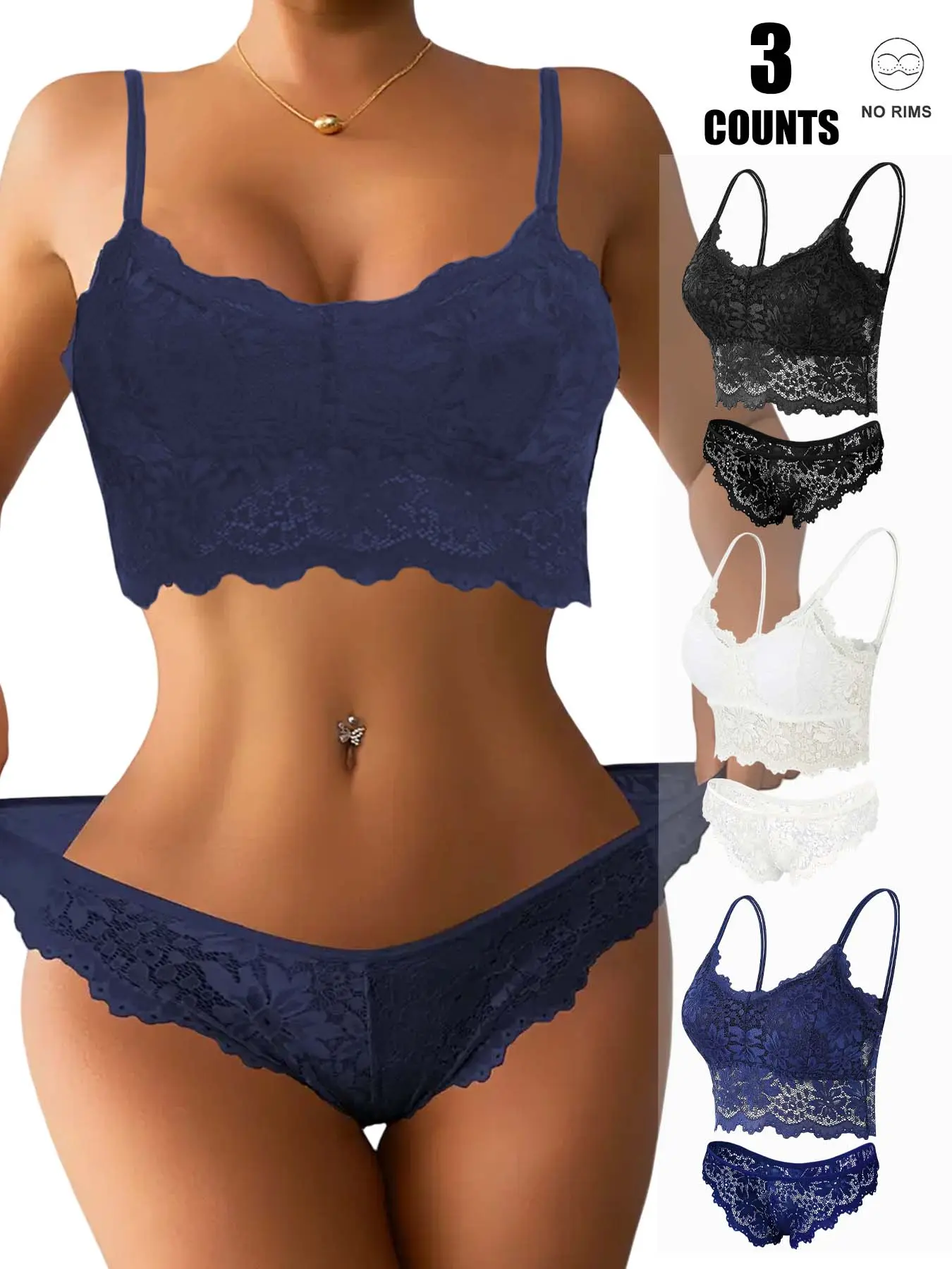 3-Piece Sexy Lace Bralette Bra Set, Wireless Push-Up Fitted Comfortable Breathable, Teen Style Bra & Panty, Home Daily Essential Underwear Sets