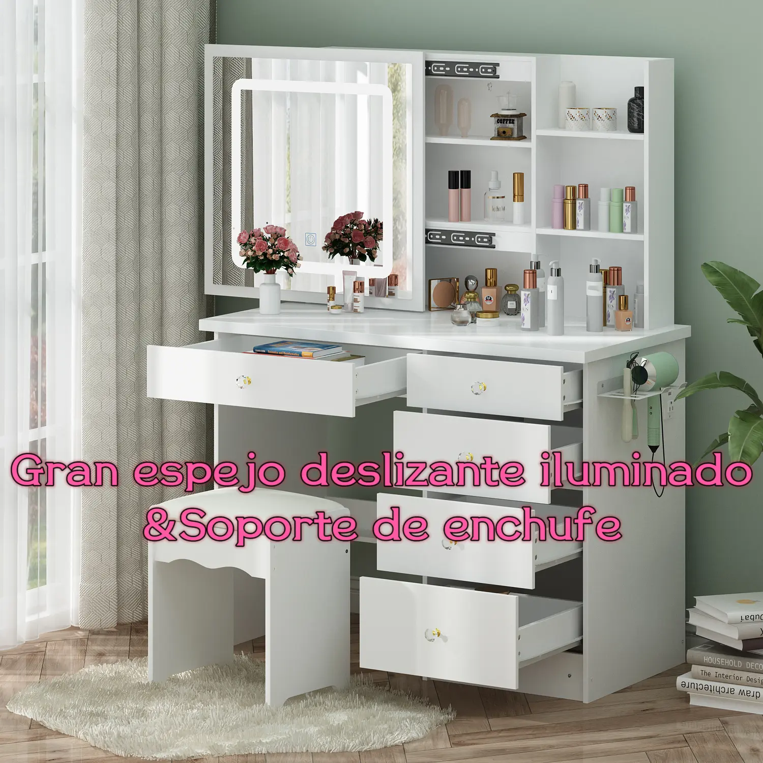 Large Sliding Lighted Mirror & Power Strip/ White