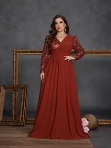 Plus Size V-Neck Long Sleeve Sequin Patchwork Chiffon A-Line Formal Evening Dress – Elegant Light Luxury Long Party Dress