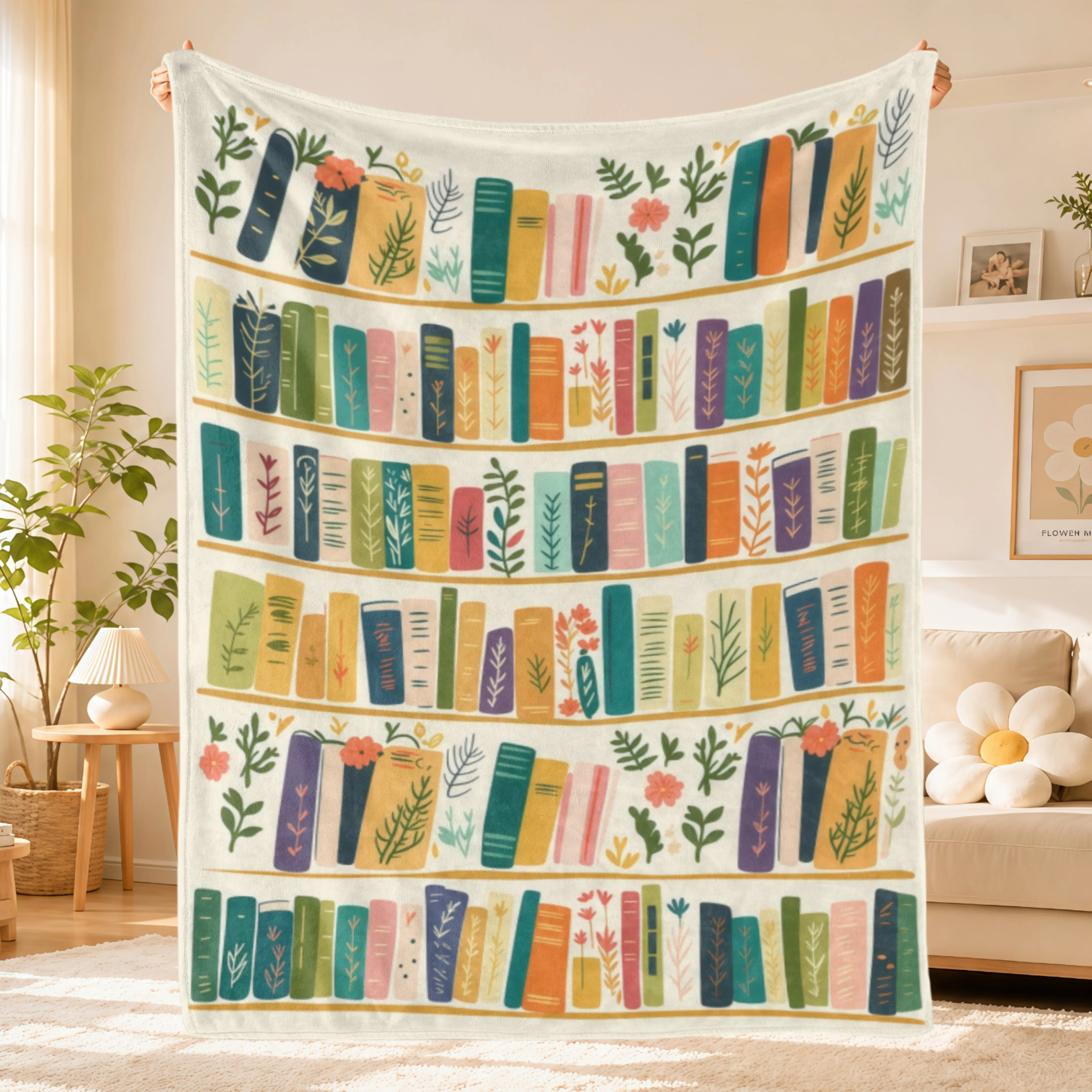 Vintage Reading Nook Soft Flannel Throw Blanket,Library Bookshelf Floral Print Cozy Blanket for Bedroom Dorm Room Decor,Cottagecore Book Wildflowers Blanket Gift for Book Lovers Readers