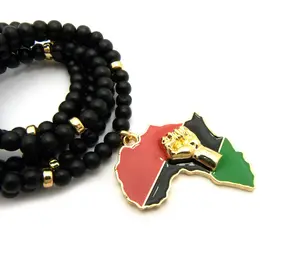 BA UNIQUE FASHION Fist Power in Pan African Colored Africa Map Pendant 6mm 30" Wooden Bead Necklace in Gold Tone Fashion Costume Jewelry