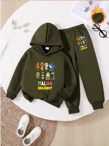 Fleece Hoodie Set, Italian Brainrot Print, Fun Cartoon Patterns, Comfortable Jogger Pants, Winter Casual Wear for Kids, Hoodies