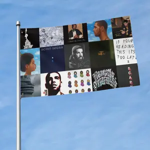Drake Music Album Cover Collage Rapper Flag with 2 Brass Grommets for Indoor Outdoor, Double Stitched, Wall Hanging Tapestry Room Decor, College Dorm Decorations