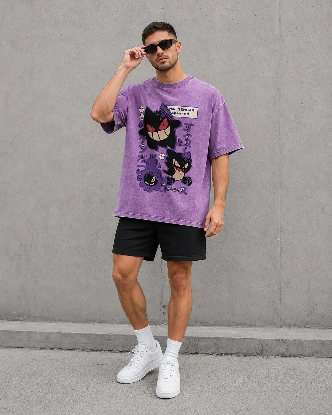 Unisex 100% cotton oversized washed crew neck T-shirt for men and women, purple ghost monster cartoon graphic tee, funny spooky anime-style print, 260 g heavyweight DTG Y2K streetwear shirt, summer casual gift top