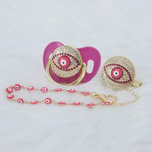 Luxury Pink Baby Pacifier with Crystal Rhinestones and Chain Clip – Stylish & Protective Baby Accessory chupetes