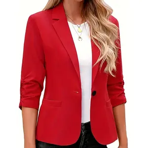 Solid Button Front Blazer, Casual 3/4 Sleeve Lapel Collar Blazer, Women's Clothing