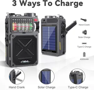 Emergency Crank Radio- Emgykit 4000mAh/14800mWh AM/FM/WB/SW/NOAA Weather Radio with Bluetooth,Flashlight,SOS Alarm, Powered by USB Charged,Hand Crank & Solar Power for Camping, winter storm