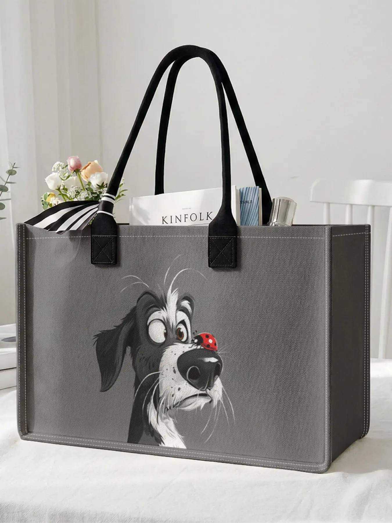 1 piece of puppy and ladybug pattern 2D printed large capacity storage bag, Patterned Bag, Printed Tote Bags, extra large storage bag, sturdy handle, space-saving multi-purpose, suitable for going to school, traveling, shopping use