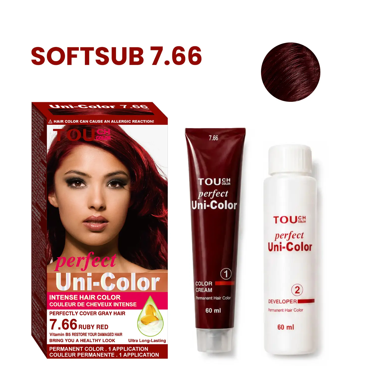 TOUCH COLOR 7.66 Ruby Red Permanent Hair Color Kit with Developer, Vitamin B5 Nourishment, Long-Lasting Fade-Resistance, Full Gray Coverage for At-Home Hair Dye (Beauty & Personal Care, Haircare)