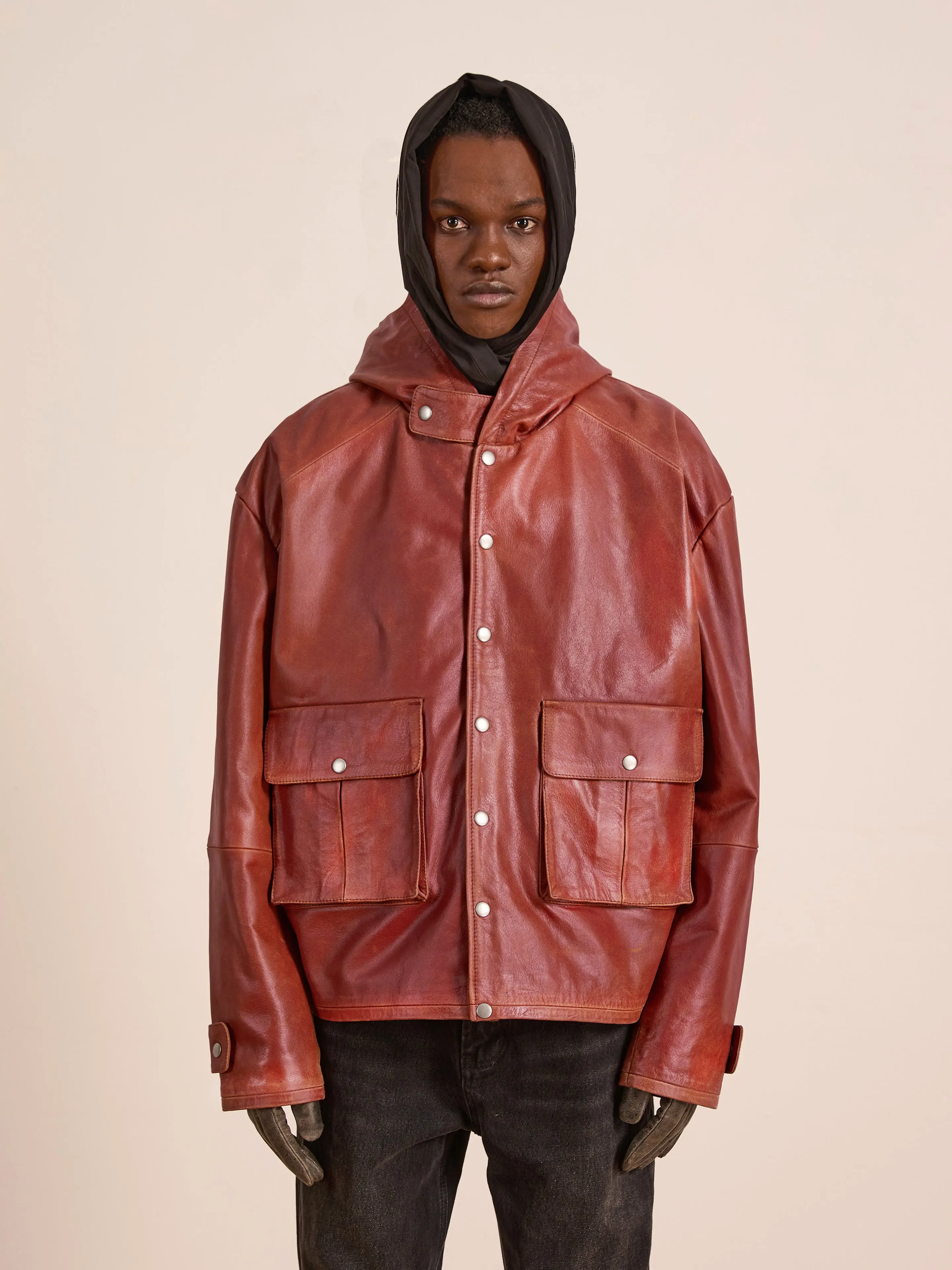 Distressed Leather Pocket Hoodie