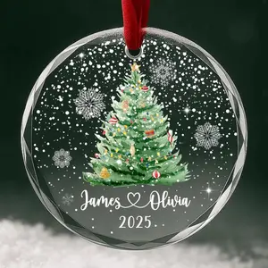 2D Flat, Custom crystal acrylic pendant, personalized couple name engraving, unique Christmas tree ornament with snowflake design. Festive keepsake and holiday decoration
